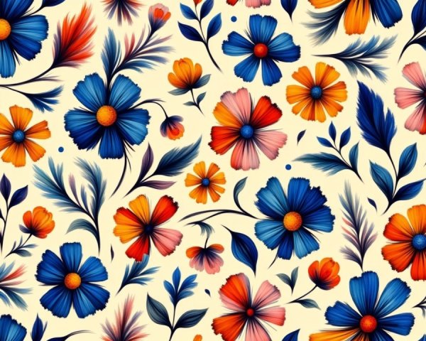 Vibrant Floral Pattern with Blue, Orange, and Pink Flowers