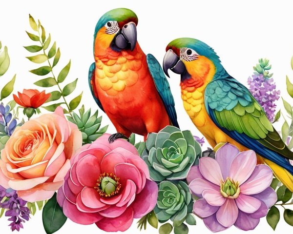 Vibrant Parrots Among Lush Tropical Flowers