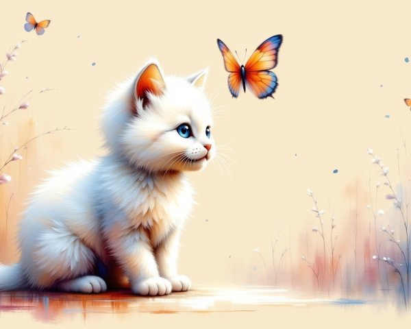Fluffy White Kitten Observing Orange Butterfly in Grass