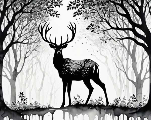 Majestic stag in a serene monochromatic forest scene