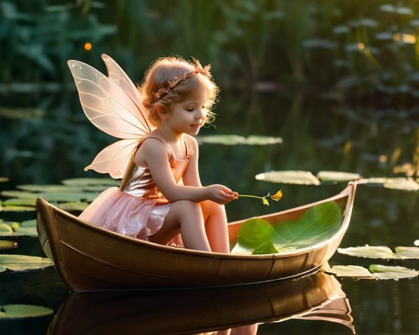 Young girl in fairy costume on pond in wooden boat