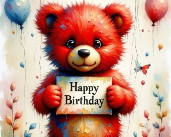Cheerful Red Teddy Bear with Birthday Sign and Balloons