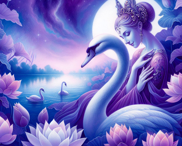 Ethereal Scene of Woman and Swan by Lotus Flowers