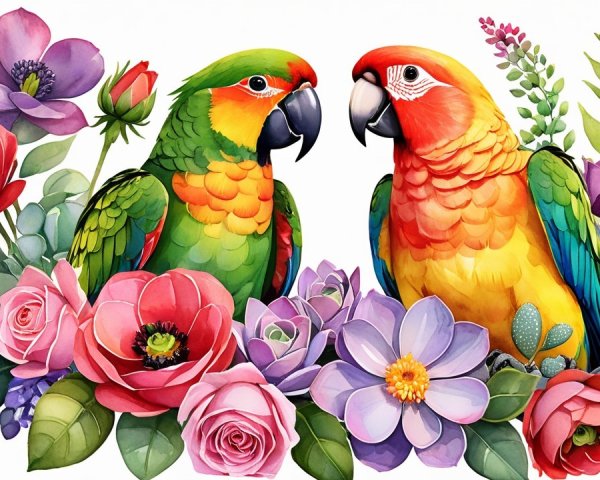Colorful Parrots Surrounded by Lush Flowers Illustration
