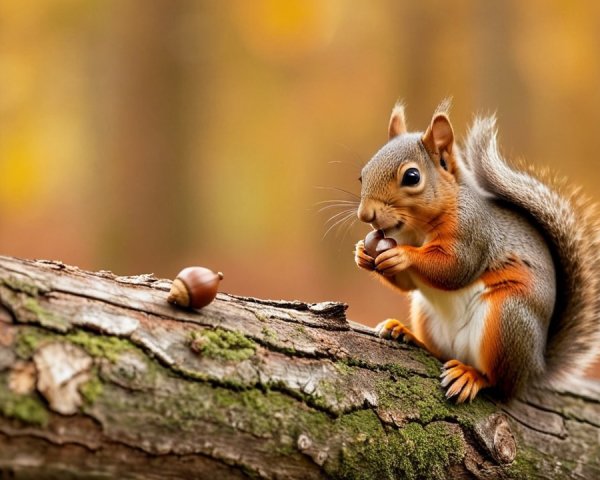 Smiling Red Squirrel on Tree Branch with Acorns