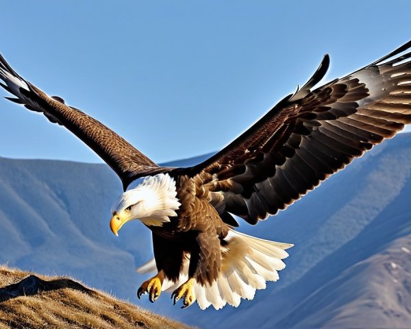 Bald Eagle Soaring Over Rugged Landscape and Sky