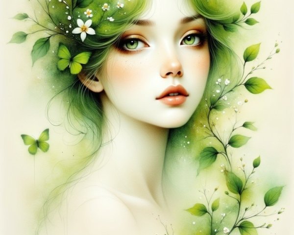 Serene Portrait of a Young Woman with Green Hair