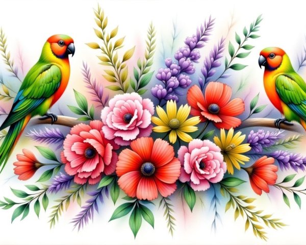 Vibrant Tropical Flowers and Colorful Parrots Arrangement