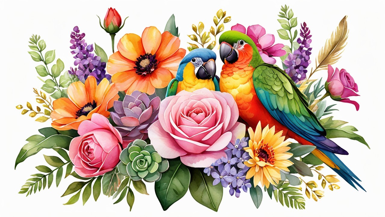 Colorful Parrots Among Lush Flowers Illustration