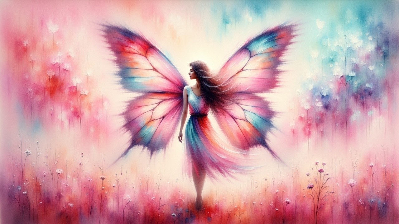 Ethereal Scene with Colorful Butterfly Wings and Flowers
