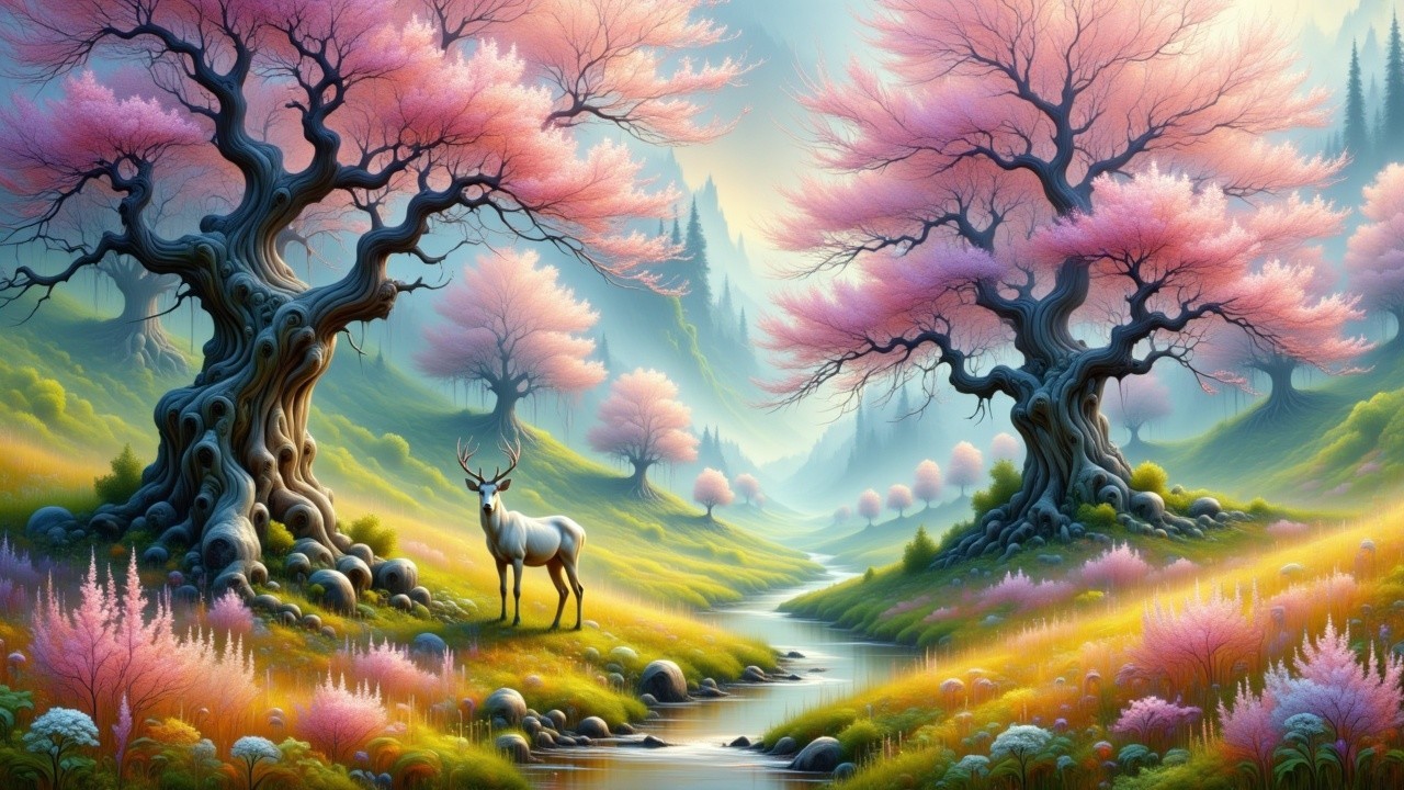 Vibrant Cherry Blossoms and Serene Landscape Scene