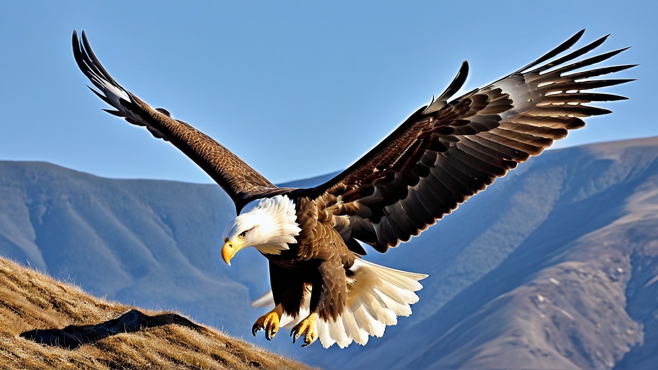 Bald Eagle Soaring Over Rugged Landscape and Sky