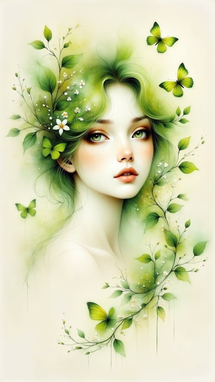 Serene Portrait of a Young Woman with Green Hair