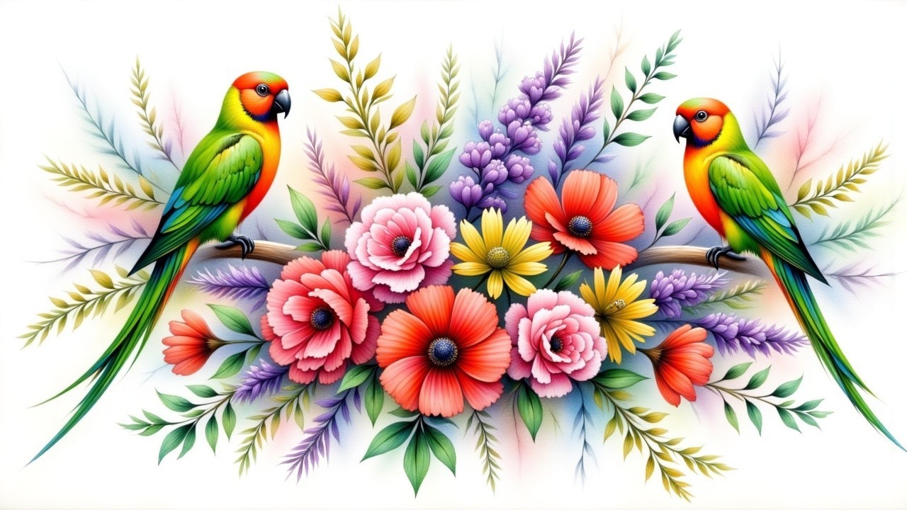 Vibrant Tropical Flowers and Colorful Parrots Arrangement