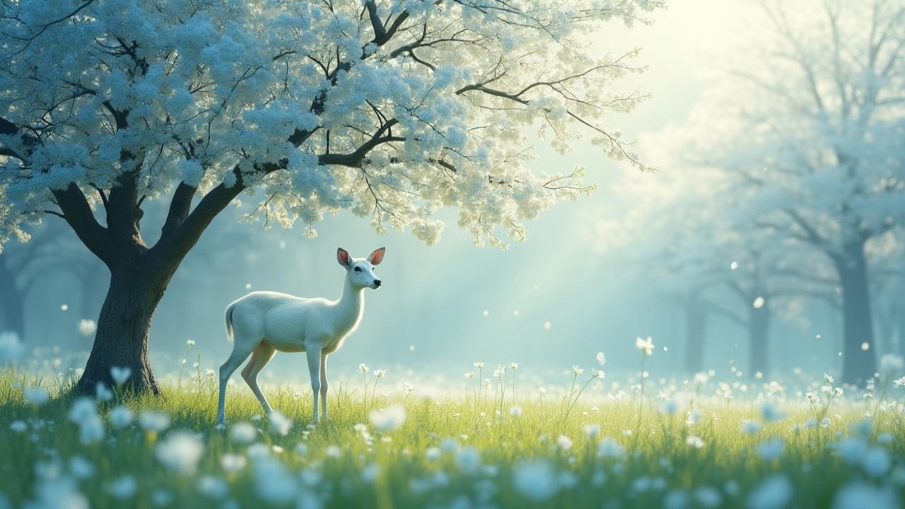 Serene landscape with white deer and blossoming trees