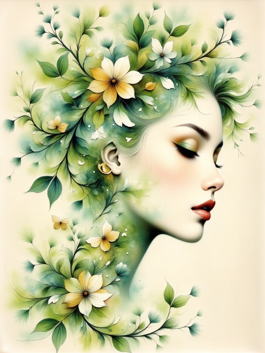 Ethereal Portrait of a Woman with Nature Elements