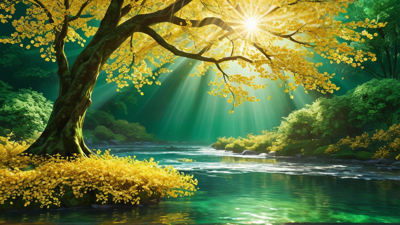 Golden-leaved tree by a shimmering river landscape