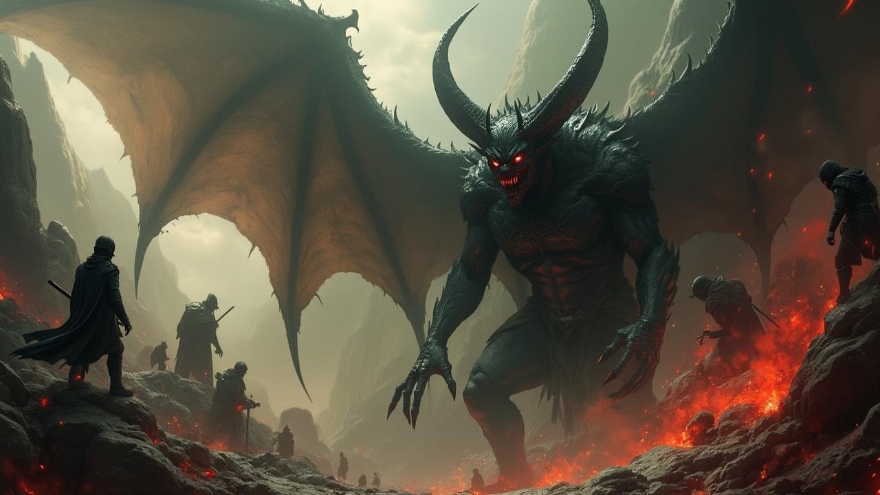 Demon with Bat Wings in Fiery Rocky Landscape