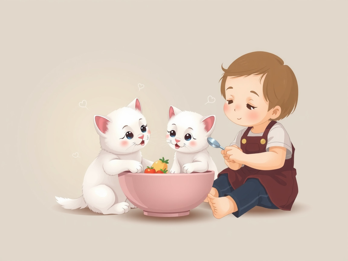Child Feeding Kittens with Colorful Vegetables