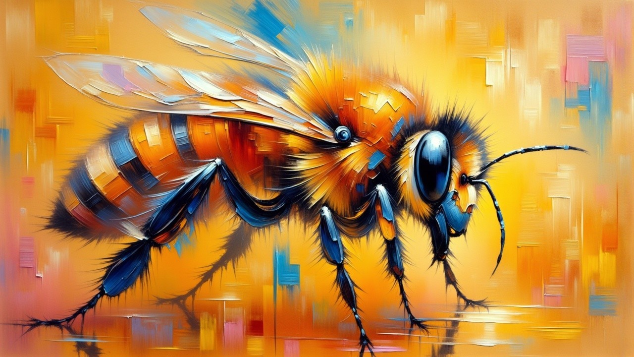 Vibrant Stylized Bee with Geometric Patterns and Colors