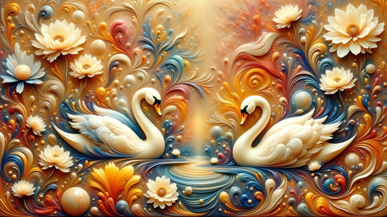Swans in Vibrant Floral Abstract Composition