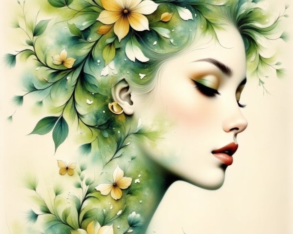 Ethereal Portrait of a Woman with Nature Elements
