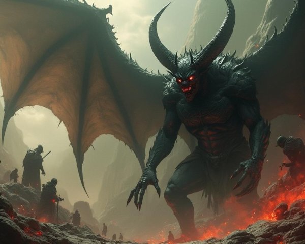 Demon with Bat Wings in Fiery Rocky Landscape