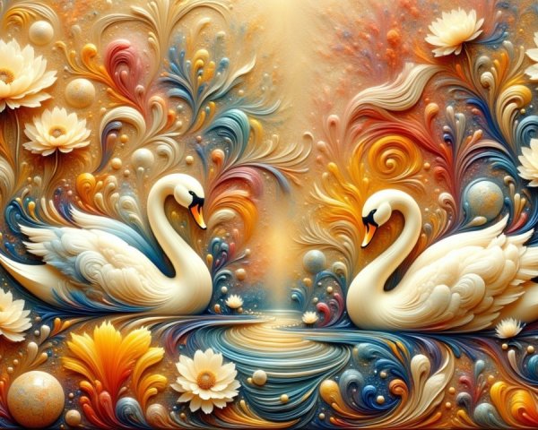 Swans in Vibrant Floral Abstract Composition