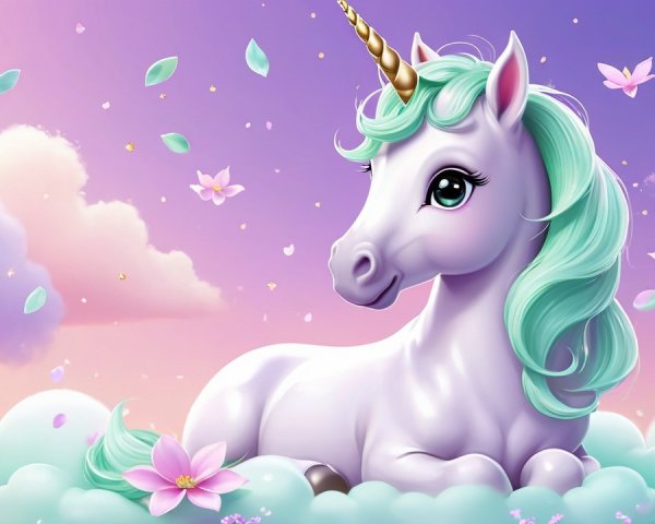 Baby unicorn resting on clouds with flowers and leaves
