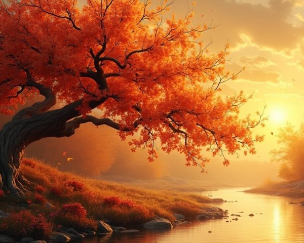 Majestic Tree with Orange Leaves by Serene River