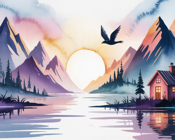 Serene Landscape with Mountains, Lake, and Sunset