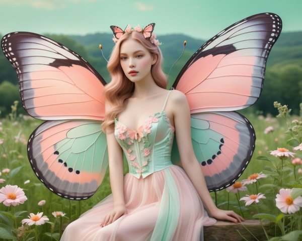 Fairy figure in a meadow with butterfly wings and flowers