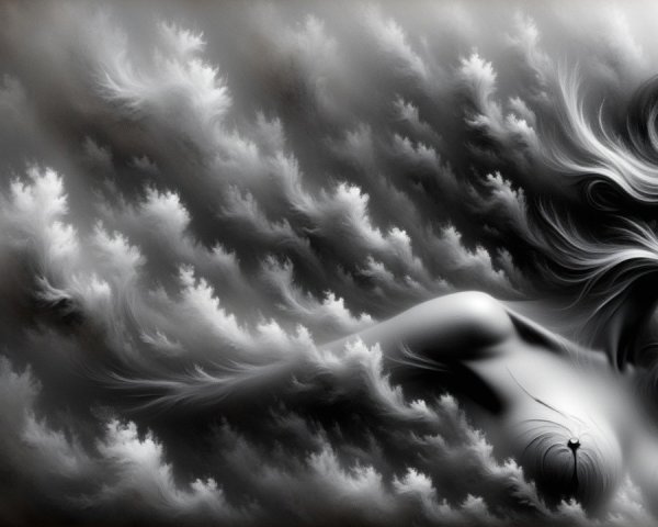 Monochromatic Woman's Profile with Flowing Hair and Clouds