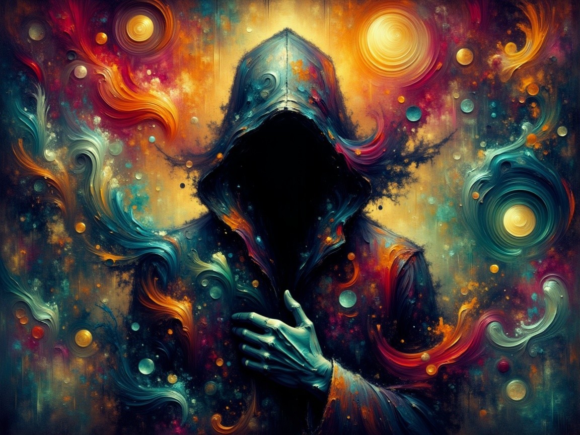 Mysterious Figure in Vibrant Cosmic Background
