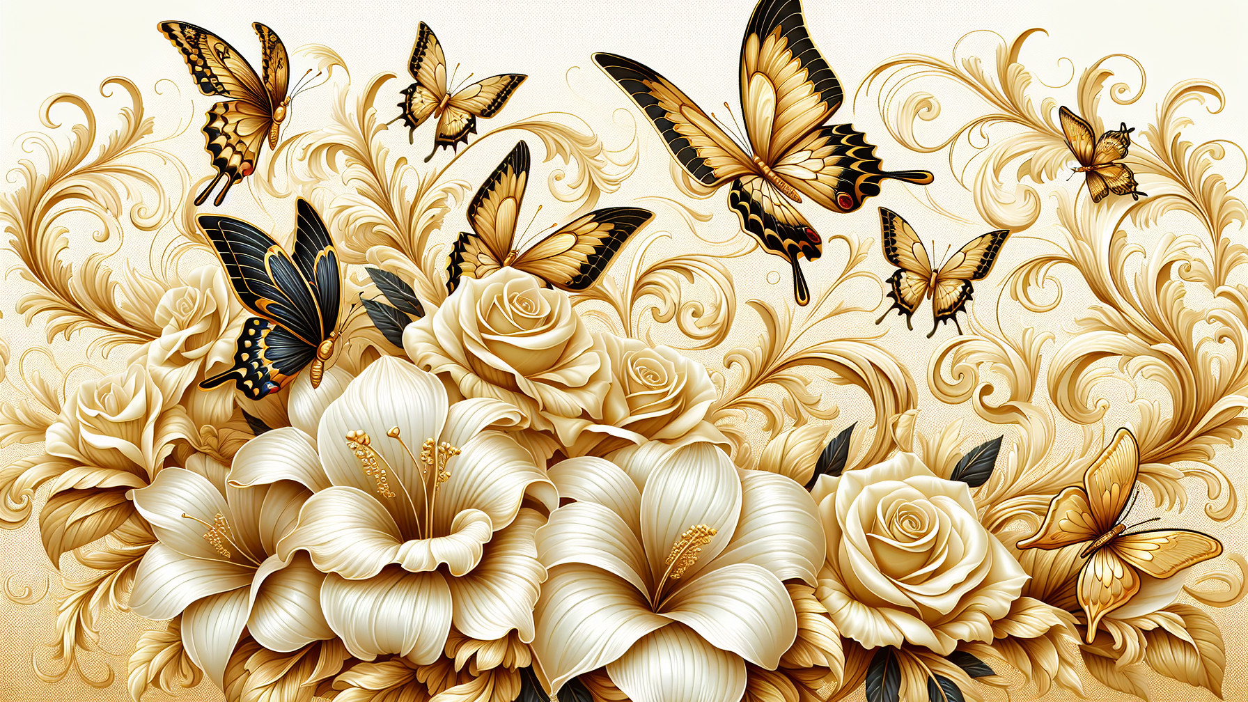 Elegant Floral Illustration with Butterflies and Patterns