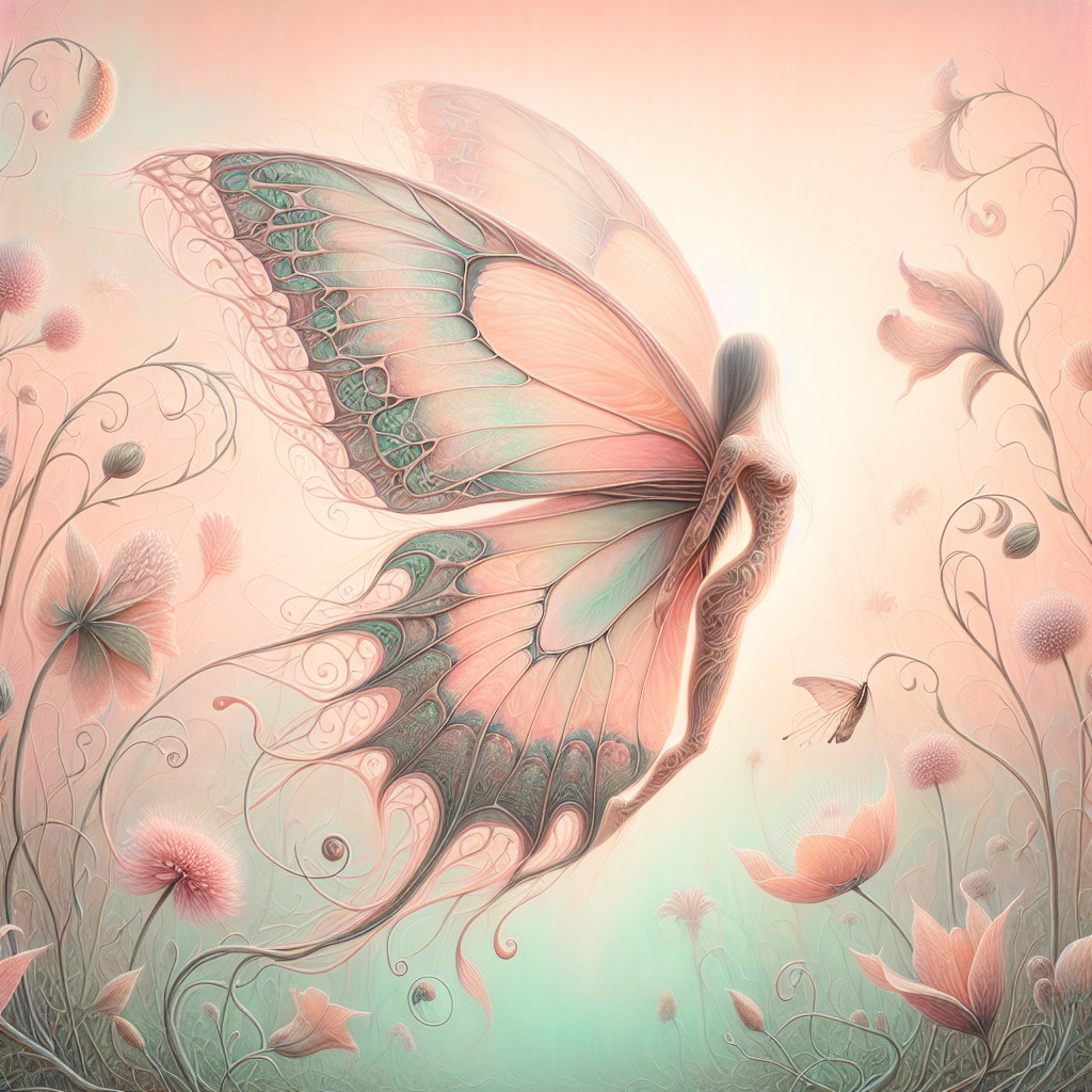Butterfly with Human-Like Body in Pastel Floral Scene