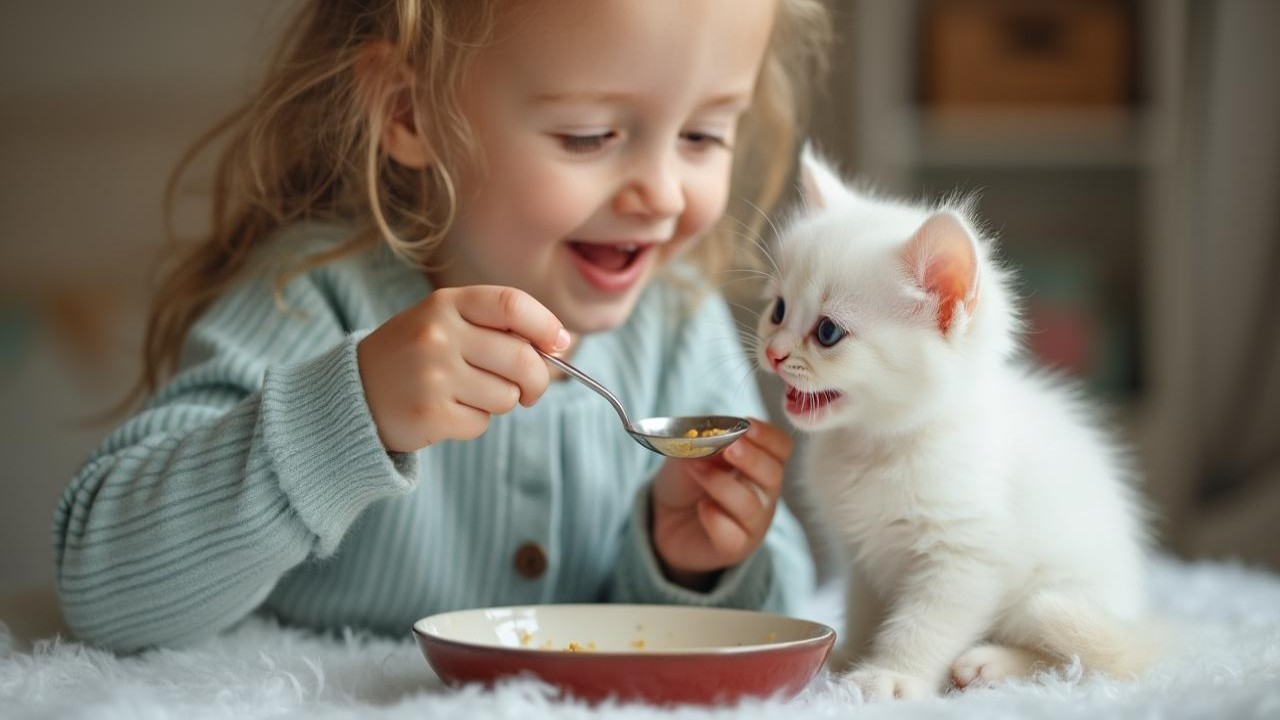 Young girl feeds white kitten in playful setting