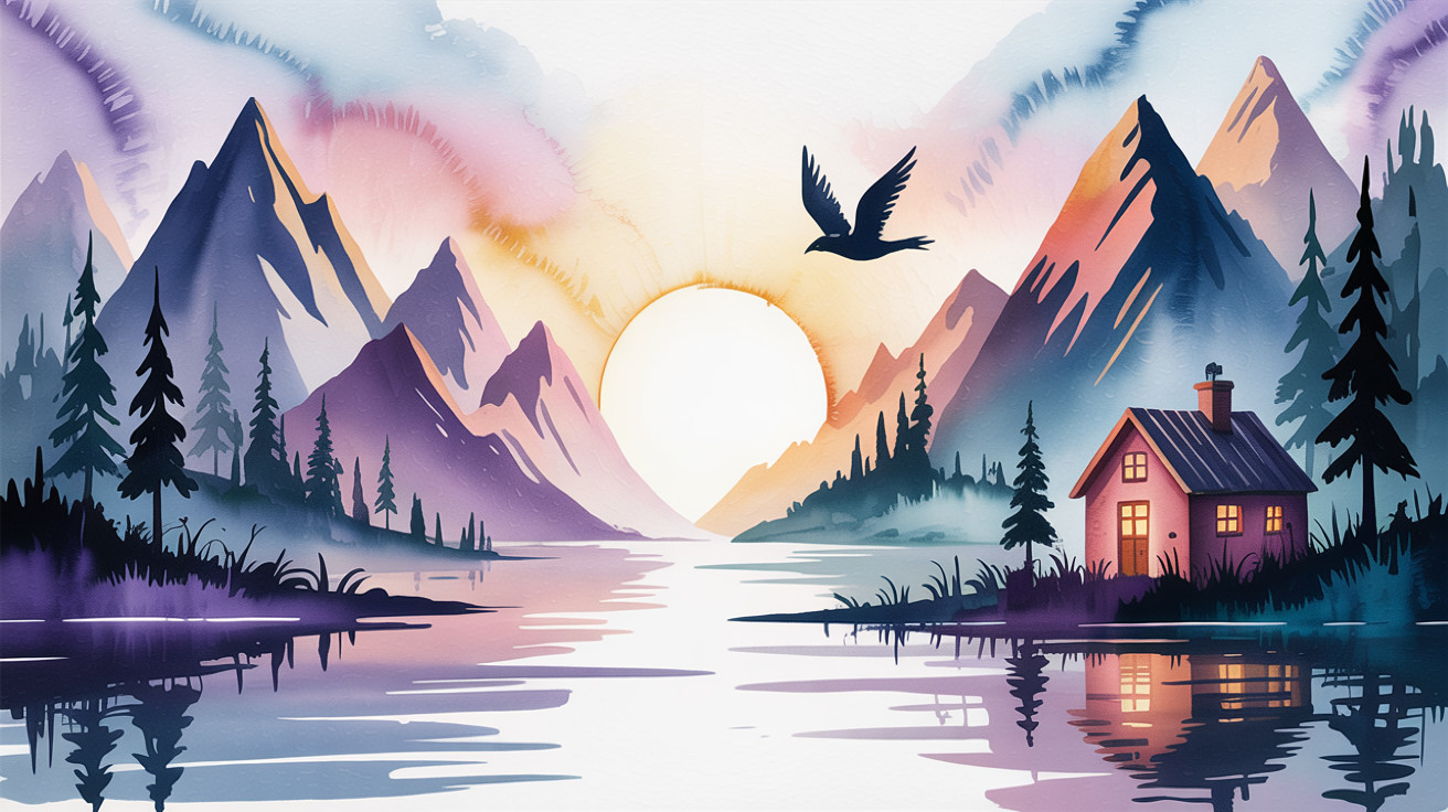 Serene Landscape with Mountains, Lake, and Sunset