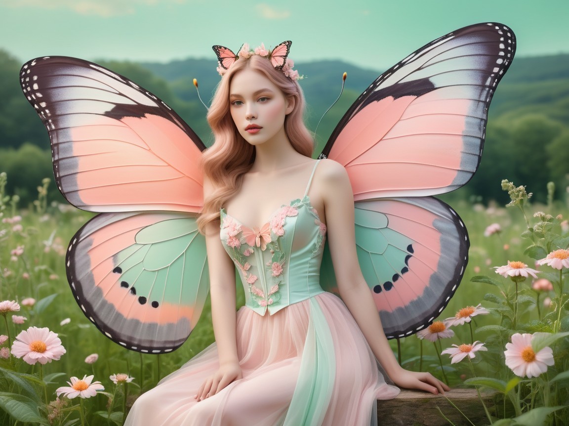 Fairy figure in a meadow with butterfly wings and flowers