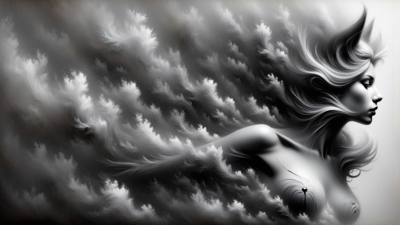 Monochromatic Woman's Profile with Flowing Hair and Clouds