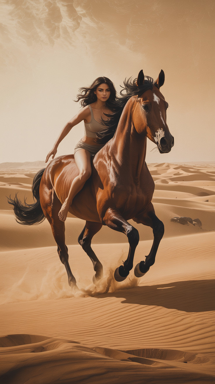 Woman on Brown Horse in Desert Landscape