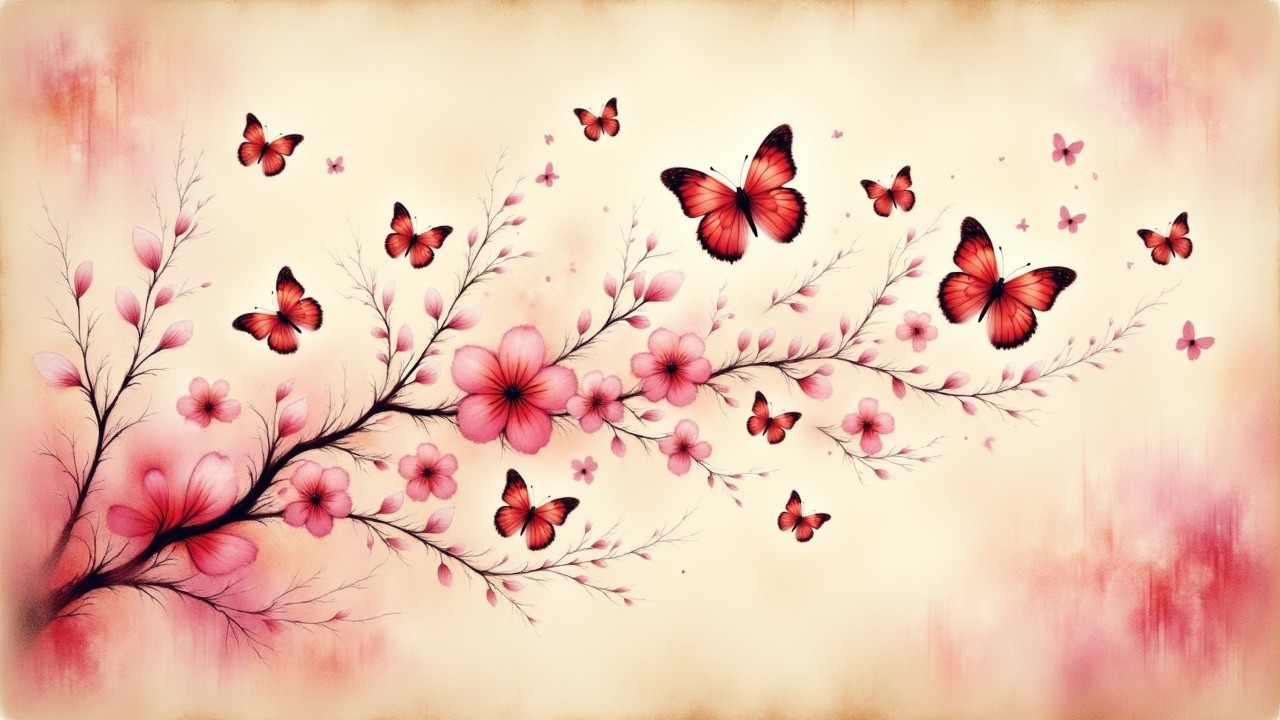 Soft Pink Flowers and Orange Butterflies in Harmony