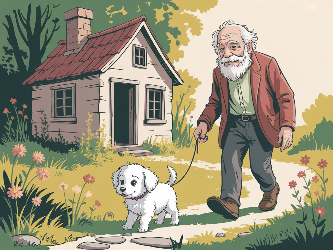 Elderly Man and Dog Walking in Flower-filled Countryside