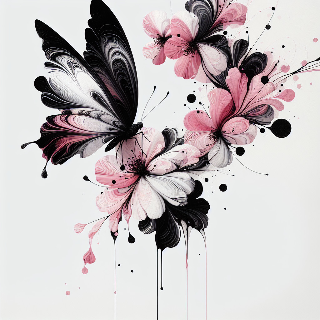 Abstract Butterfly Design with Flowers in Black and White