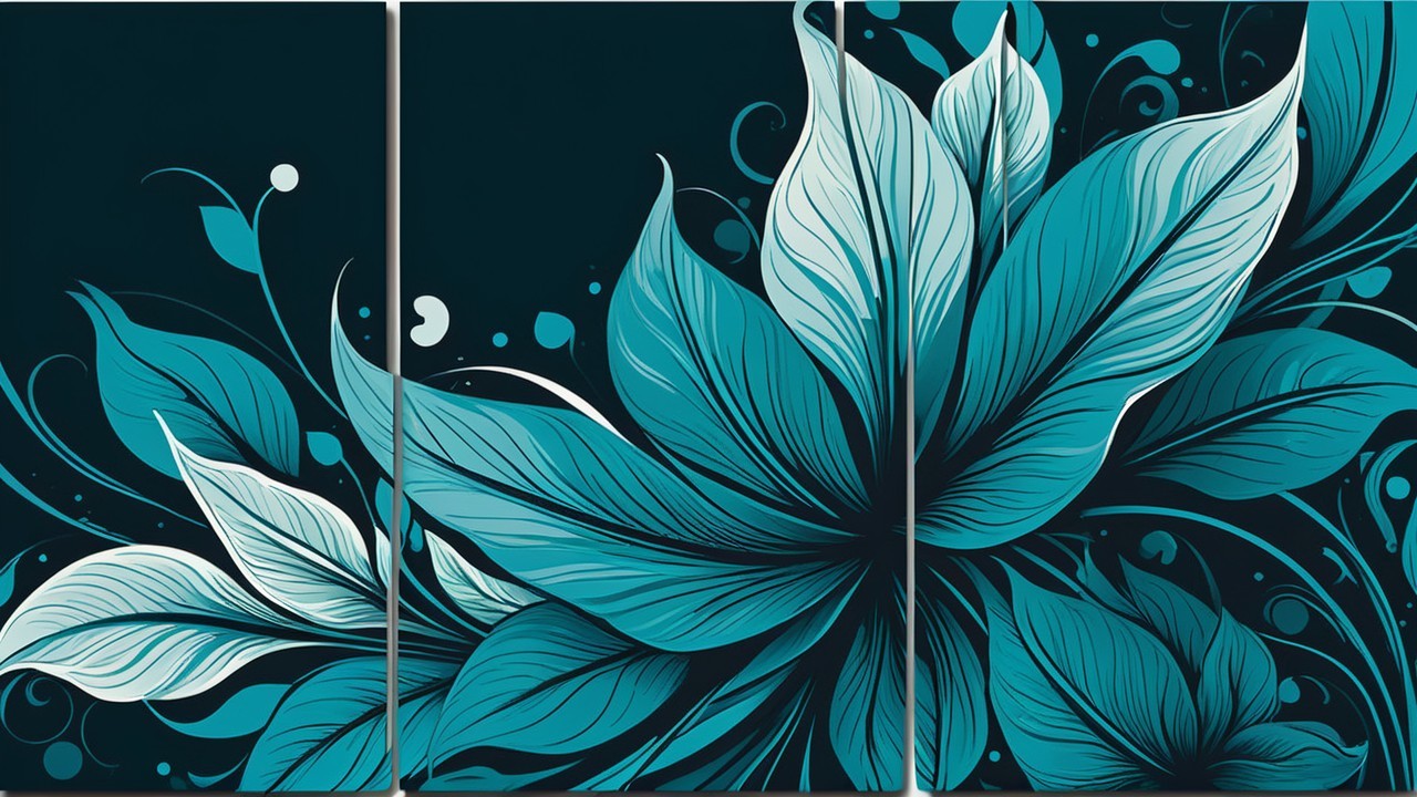 Vibrant Triptych of Turquoise Flowers on Blue Background
