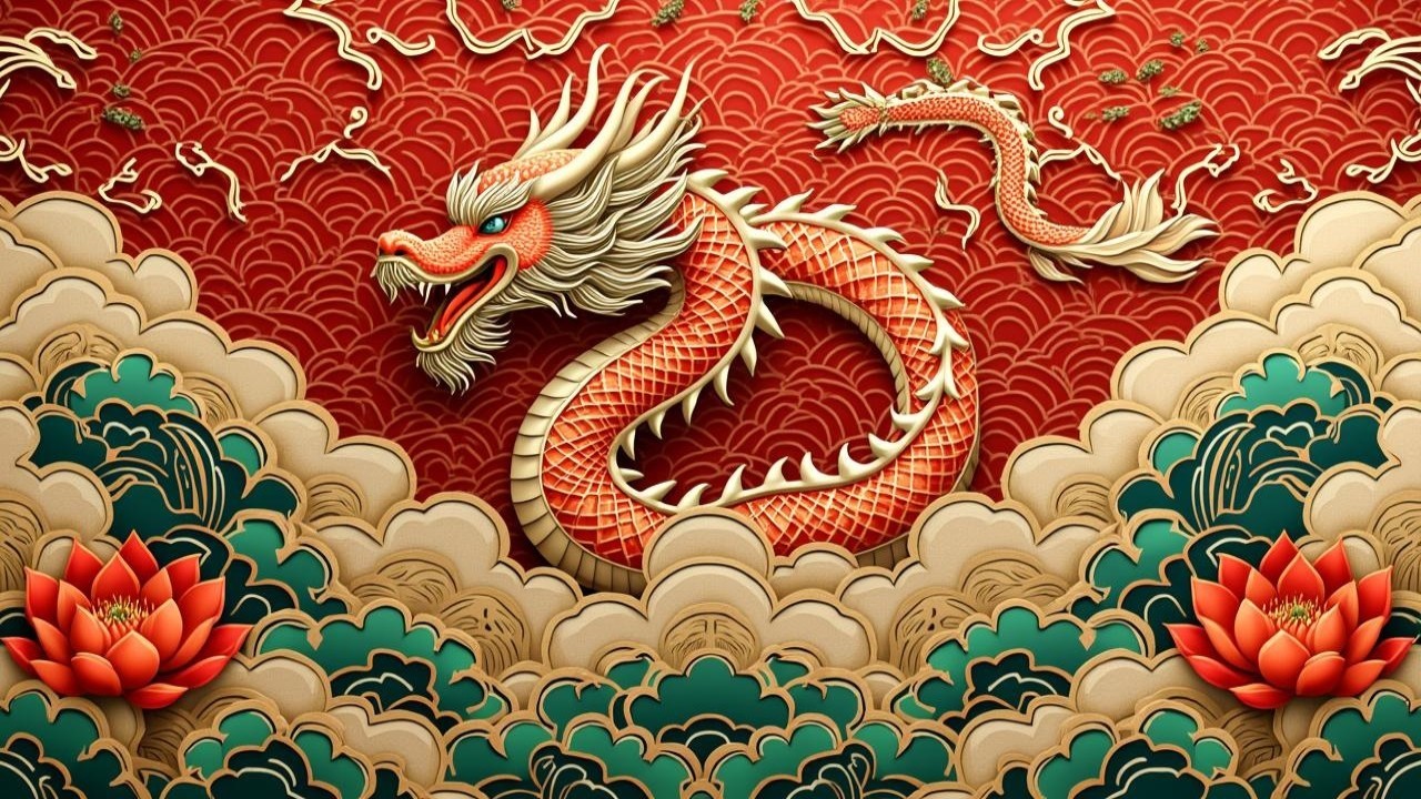 Majestic dragon amidst vibrant clouds and lotus flowers