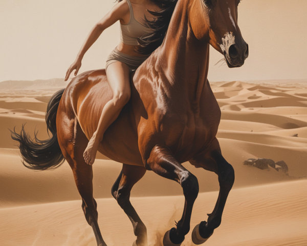 Woman on Brown Horse in Desert Landscape