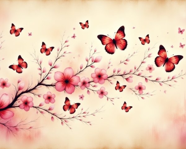 Soft Pink Flowers and Orange Butterflies in Harmony