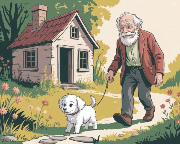 Elderly Man and Dog Walking in Flower-filled Countryside