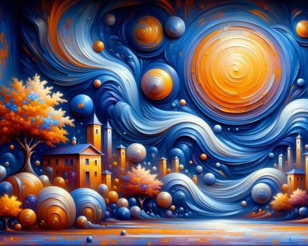 Vibrant Landscape with Abstract Trees and Water Reflection